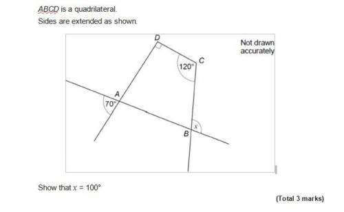 ABCD is a quadrilateral.
Sides are extended as shown.
Show that x = 100°