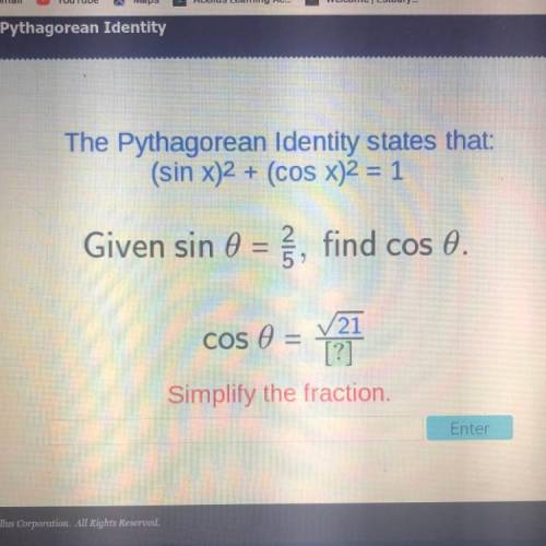 Please help

The Pythagorean Identity states that:
(sin x)2 + (cos x)2 = 1
Given sin 0 = 2/5, find