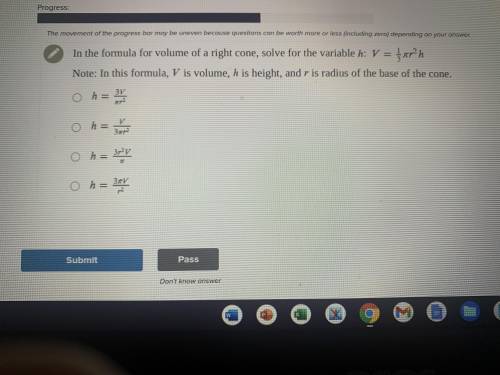 Solve for the h: V= 1/3 π r^2 h