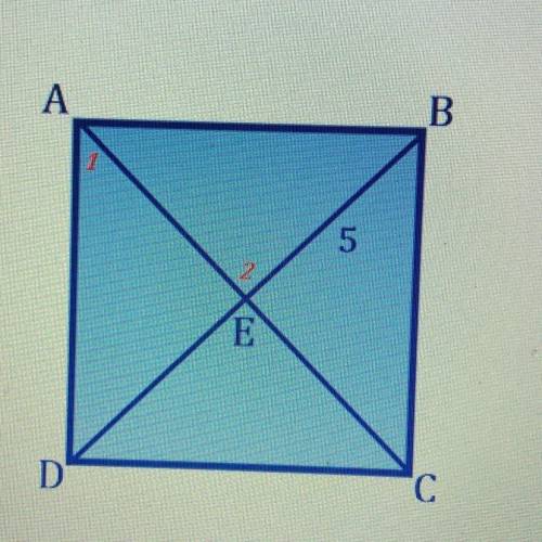 Given that Segment BE is 5 units, find the indicated measures for angle 1, 2, and segment AC and AD