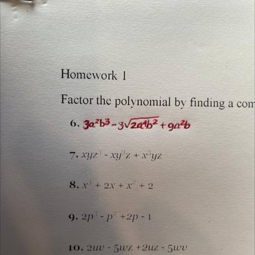 Factor the polynomial by finding a common factor or by grouping