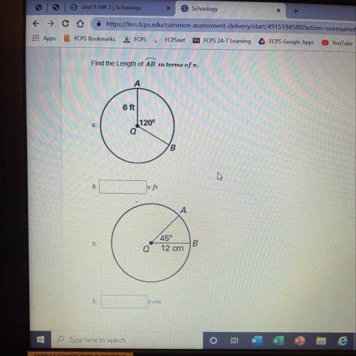 Find the length of AB. (In terms of pi)