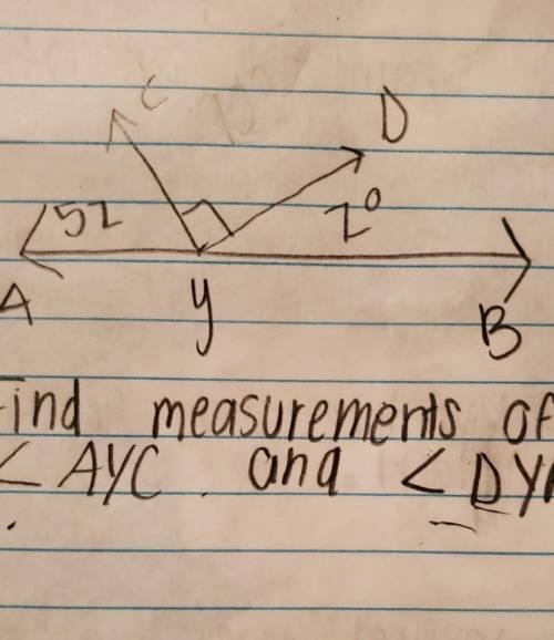 Can you tell me the angle measurement of AYC and angle DYB ​