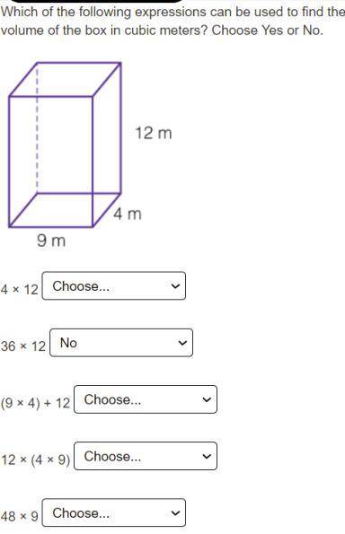 Which of the following expressions can be used to find the volume of the box in cubic meters? Choos