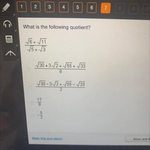 What is the following quotient?

V6+ V11
√5 + √3
V30+3./2+1/55+ V33
8
30-3.V2 + 55 - 33
2.
17
8
5
