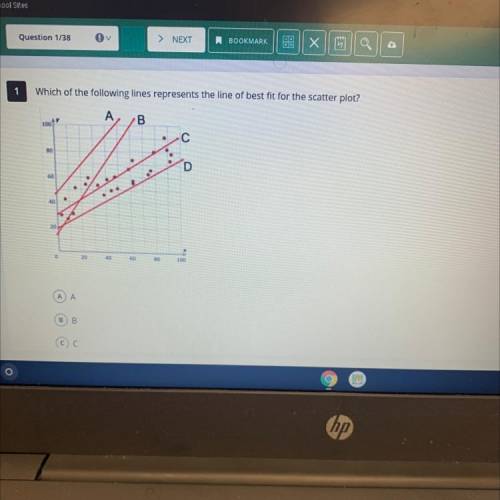 Which of the following lines represents the line of best fit for the scatter plot?

A
B
100+
C
80