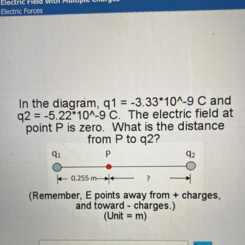 In the diagram, q1 = -3.33*10^-9 C and q2 = -5.22*10^-9 C. The electric field at point P is zero. W