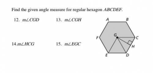 Find the given angle measure for regular hexagon ABCDEF.

I would like all 4 answers and how to ge
