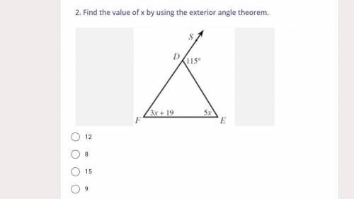 Find the value of x by using the exterior angle theorem.