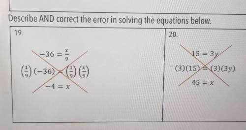 Describe and correct the error in solving the equations below​
