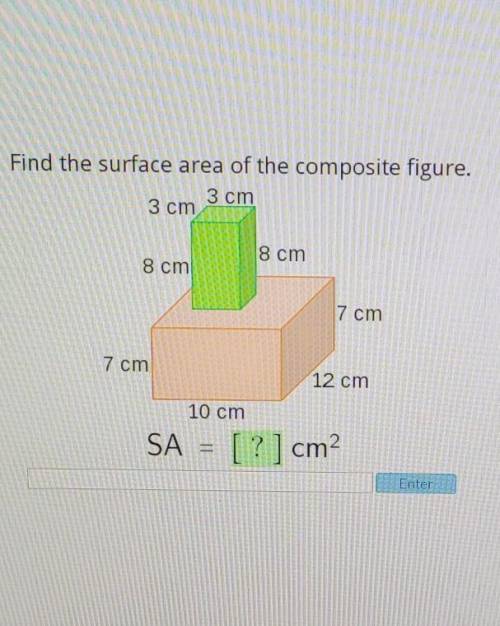 Find the surface area of the composite figure. 3 cm 3 cm 8 cm 8 cm 7 cm 7 cm 12 cm 10 cm SA = [?] c