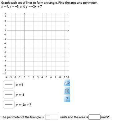 Graph each set of lines to form a triangle. Find the area and perimeter.

x = 4, y = −3, and y = −