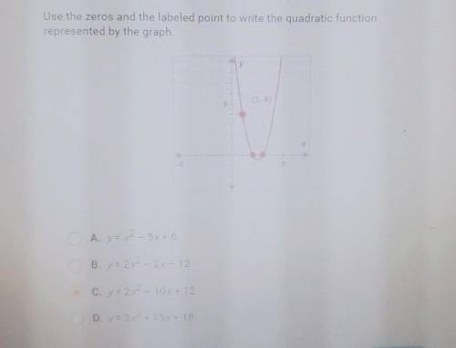 Please help :((

Use the zeros and the labeled point to write the quadratic function represented b