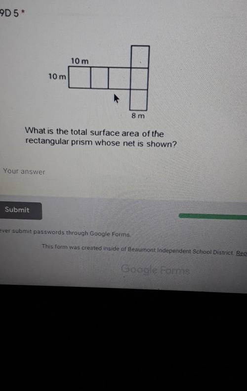 What is total surface area of the rectangular prism shown 10m 10m 8m​