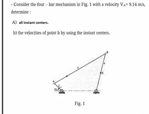Consider the four – bar mechanism in Fig. 1 with a velocity VA= 9.14 m/s, determine :

A) all inst