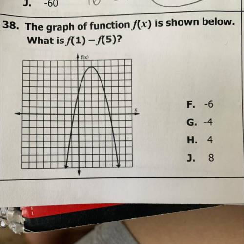 38. The graph of function f(x) is shown below.

What is f(1)-f(5)?
Fx)
F. -6
G. -4
H. 4
J.8
Pls he