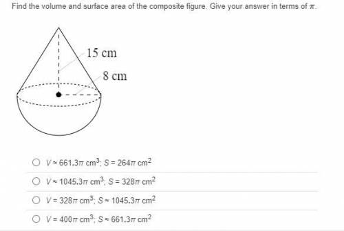 Find the volume and surface area of the composite figure. Give your answer in terms of π. HELP ASAP