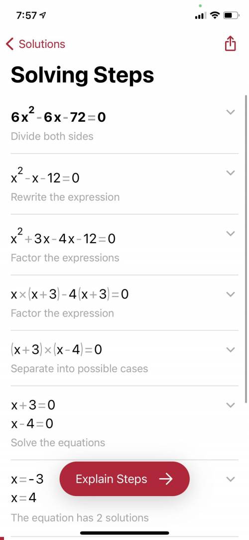 Solve quadratic equation by factoring.
6x^2-6x-72=0