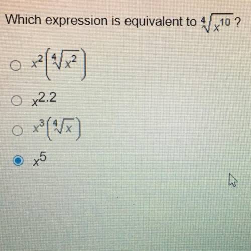 Which expression is equivalent to 4sqrt x10?
Need answers ASAP!!