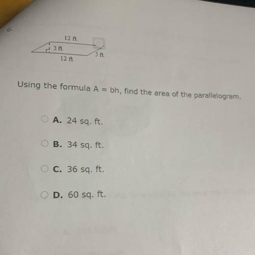 Using the formula A = bh, find the area of the parallelogram