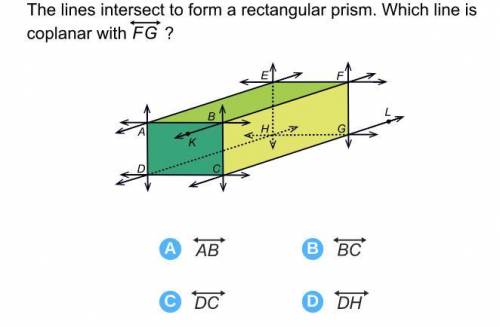 The line intersects to form a rectangular prism. which line is coplanar With FG