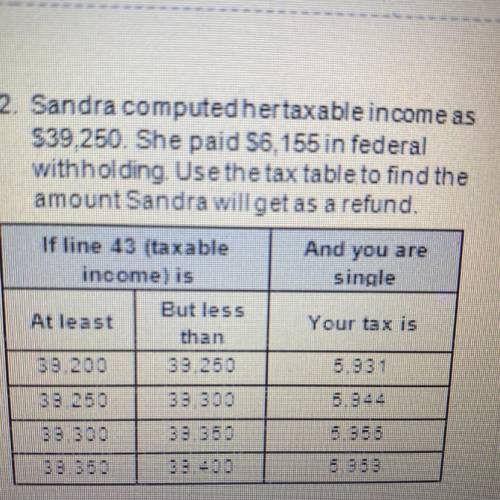 2. Sandra computed hertaxable income as

$39.250. She paid 56,155 in federal
withholding. Use the