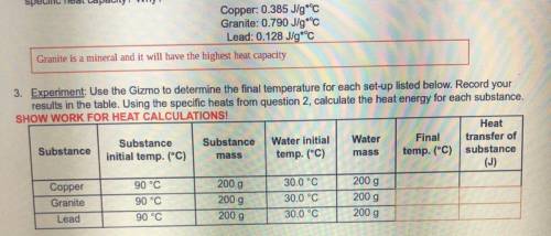 Calculate the heat energy for each substance