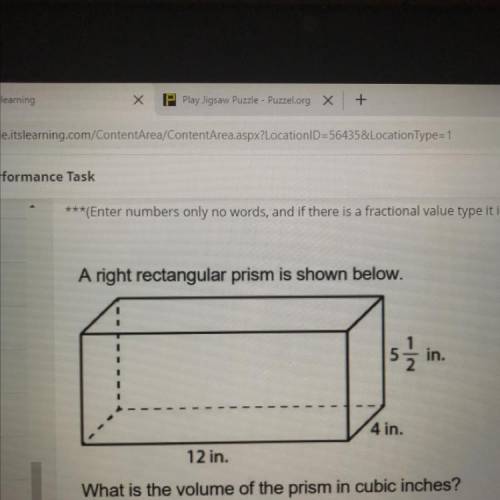 A right rectangular prism is shown below.

What is the volume of the prism in cubic inches?