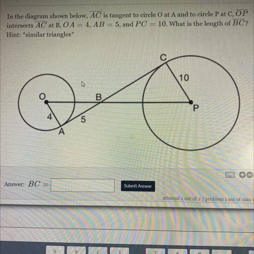 In the diagram shown below, AC is tangent to circle O at A and to circle Pat C, OP

intersects AC