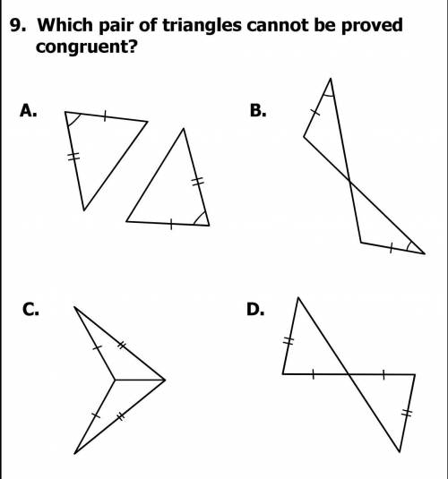 Which pair of triangles cannot be proved congruent?
Plz help!!