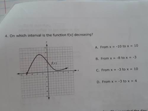 On which interval is the function f(x) decreasing?

A. FROM x=-10 to x=10
b. from x=-8 to x=-3
c.