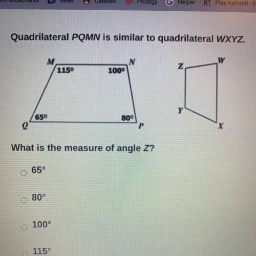 Quadrilateral PQMN is similar to quadrilateral WXYZ. what is the measure of angle Z?