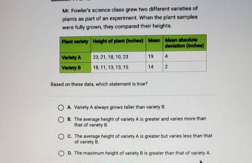PLSSS HELP GIVING BRAINLIEST

Mr. Fowler's science class grew two different varieties of plants as
