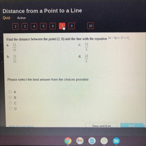 Help please brainliest

Find the distance between the point (2,0) and the line with the equation 3