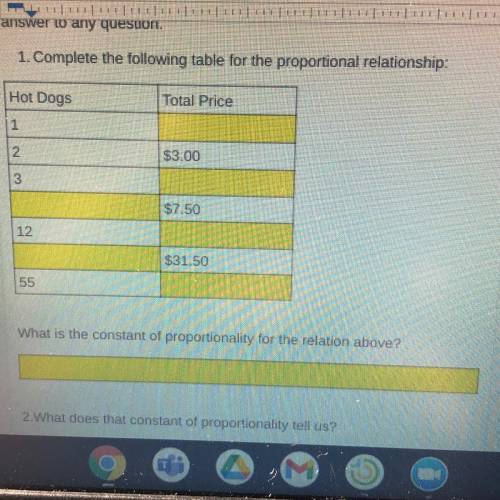 1. Complete the following table for the proportional relationship:

Hot Dogs
Total Price
1
$3.00
2