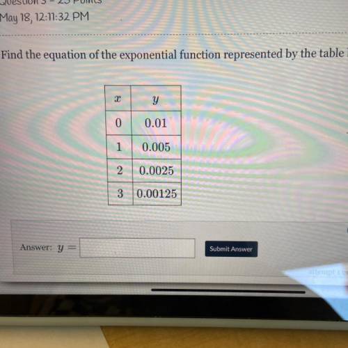 Help! Find the equation of exponential function represented by the table: