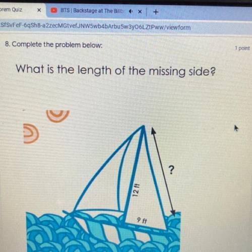 What is the length of the missing side?
A. 13.9ft
B. 225ft
C. 15ft
D. 21ft
