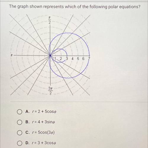 HELP, WILL MARK BRANLIEST
The graph shown represents which of the following polar equations?