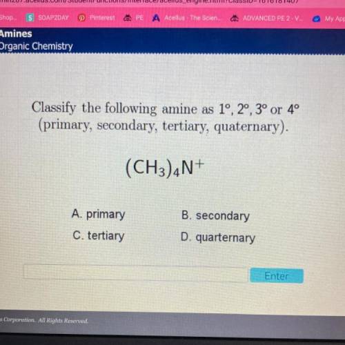 Classify the following amine as 1º, 2º, 3º or 4°

(primary, secondary, tertiary, quaternary).
(CH3