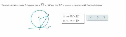 The circle below has center C. Suppose that DE=106 and that DF is tangent to the circle at D. Find