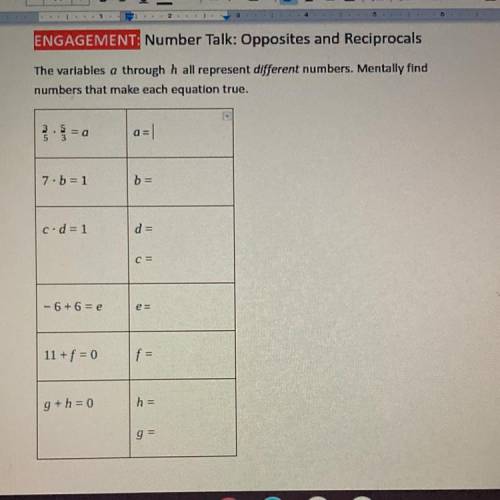 ENGAGEMENT: Number Talk: Opposites and Reciprocals

The variables a through h all represent differ
