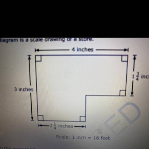 This diagram is a scale drawing of a store.

To the nearest 50 square feet, what is the area of th