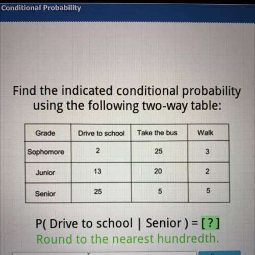 Find the indicated conditional probability

using the following two-way table:
Grade
Drive to scho