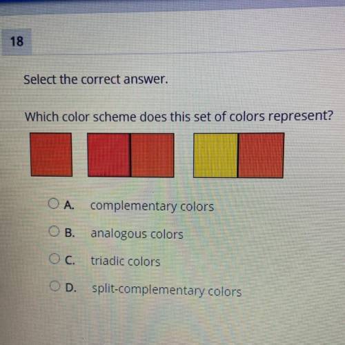 Select the correct answer.

Which color scheme does this set of colors represent?
OA. complementar