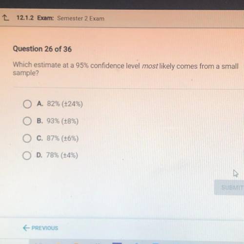 Question 26 of 36

Which estimate at a 95% confidence level most likely comes from a small
sample?