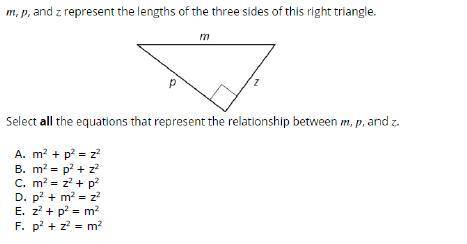 M, P, and Z represent the length of the three sides of this right triangle.

select all the equat