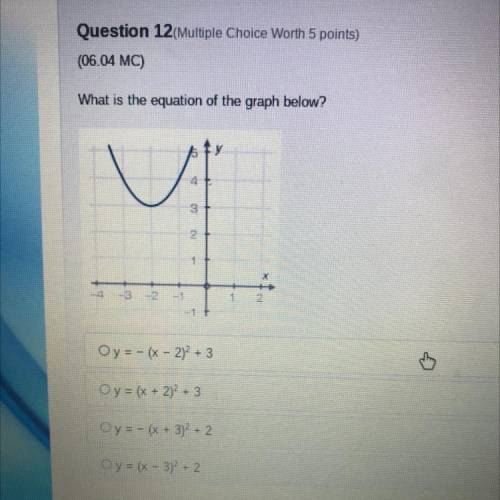 What is the equation of the graph below?

A.y = - (x - 2)^2 + 3
B.y = (x + 2)^2 + 3
C.y = - (x + 3