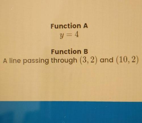 Function A: y = 4

Function B: a line passing through (3, 2) and (10,2)A. The line for Function B