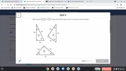 Right triangles 1, 2, 3 are given with all their angle measures
