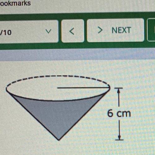 The cone in the figure above has a volume of 72(pie symbol) cubic centimeters and a height of 6 cen